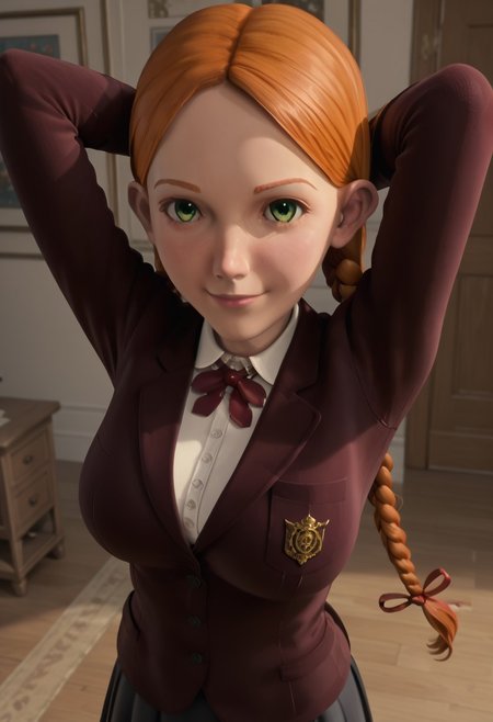 ((room background)),score_9, score_8_up, score_7_up,score_6_up, (detailed face and eyes:1) 
1girl, solo, Jenny_MH, light skin, ginger hair, green eyes, twin braids with red ribbons, big eyes, dark red blazer with gold emblem, white collared shirt, red cross bow tie, black grey suspender skirt, white knee socks, black mary janes shoes, cute, medium height, social smile, perfect eyes, perfect smile, looking at the viewer, detailed eyes, perfect eyes, standing, big breasts (front pose, front view, full body shot, high angle view:1) five fingers, perfect hands, (hands behind head)