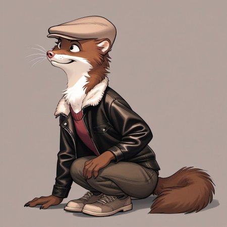 score_9, score_8_up, score_7_up, score_6_up, score_5_up, score_4_up, bedroom background, detailed fur, 
BREAK
W33kly_BS, Weekly, Anthro Weasel, Lesser Weasel, brown weasel, brown fur, white chin, white neck, white inner ear, black eyebrows, black eyes, pink nose, whiskers, tan hat, flat cap,  leather jacket, flight jacket, fleece collar, red sweater, khakis, tan shoes,
BREAK