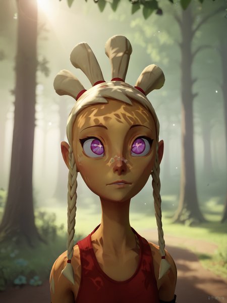 score_9, score_8_up, score_7_up,  score_6_up, BREAK, M4yd4y, 1girl, solo, 3d, symbol-shaped pupils, blonde hair, twin braids, outdoors, tree, leaf, sunlight, nature, light particles, forest, light rays, light, sunbeam, dappled sunlight, looking up, light shining on face, upper body <lora:Mayday-000007:0.9>