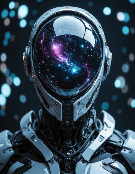 a highly detailed cinematic closeup frontal portrait, humanoid robot with a reflective, dome-shaped head, contains a galaxy cosmos and nebula inside it, the robot's body, in shades of white, purple and black, features an array of textures and protrusions suggesting a complex internal structure, set against a soft-focus background with bokeh effect in cool blue tones, dark environment, moody and epic, <lora:aidmaMJ6.1:0.8>, <lora:fluxenhancer:0.5>