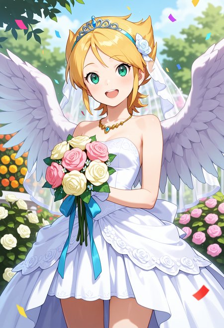 best quality, masterpiece, 1girl, aanina, short hair, blonde hair, blue hairband, green eyes, feathered wings, <lora:nina_(bof1)_ilxl_v1:0.9>, garden, tiara, bridal veil, wedding dress, strapless, necklace, smile, open mouth, bouquet, confetti, cowboy shot, standing,