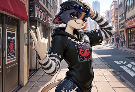 masterpiece, best quality, newest, absurdres, highres, furry, perfect anatomy, mxcaoxzz, multicolored_fur, striped sleeves, black hoodie with graphic, fish bone jewelry, tuna cans strap, denim, ripped jeans, fish bone keychain, sunglasses, eyewear, feline, cat, anthro, female, flat chest, solo, solo focus, looking at viewer, standing, smug, smiling, city, streets, sidewalk, sunlight, headshot, hand on head, shocker gesture, shocker, thumb and ring finger down, 5 fingers, palm out, shockr,