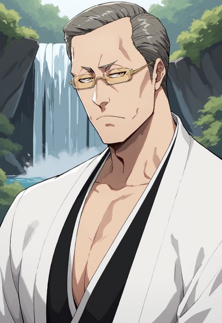 safe_pos, safe_pos, safe_pos, score_9, score_8_up, rating_nsfw, ultra hd, absurdres, best quality, best aesthetic, masculine, solo, 1boy, male focus, perfect proportions, handsome, erotic, alluring, mature male, coloured

BleachKinroku, glasses, Japanese clothes, grey hair, outside, waterfall, tired, looking at viewer, half body, Bleach art style