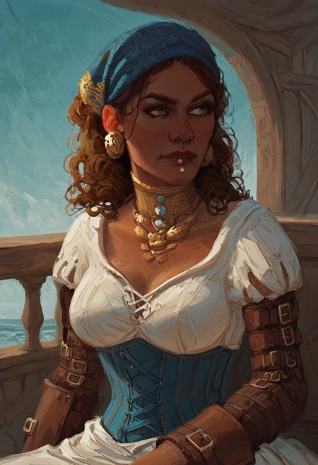score_9, score_8_up, A digital illustration featuring a paint style of James C. Christensen, of A confident, tanned woman with dark curly hair, wearing a pirate-esque outfit consisting of a  blue headband, dark corset, white blouse (partially visible), blue sash, and long brown leather boots with buckles.  She's adorned with gold jewelry, including a choker and earrings. She sits on a ship's railing, hand resting on the netting, gazing at a calm blue ocean under a partly sunny sky. . fashion photography painting, in the style of warm color palette of browns, blues, and golds. , use of palette knives, intricate, concept art,