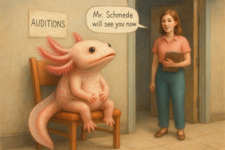 A beautifully rendered maximalist hyper realistic soft pastel illustration of an axelotl sitting on an uncomfortable looking chair outside an office in a featureless corridor. The axelotl is looking up expectantly at a young woman with a clipboard who is standing in the doorway with a apeech bubble with text "mr schmede will see you now". On the wall is a handwitten sign with text "AUDITIONS", 4K, UHD details, masterpiece, absurd res, newest 