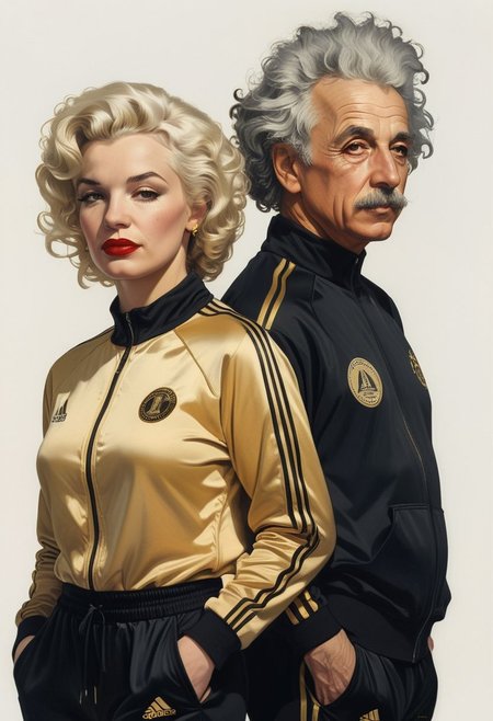 closeup portrait of 2 people, Marylin Monroe wearing a black and gold Adidas style tracksuit, Albert Einstein wearing a black and gold Adidas style tracksuit highly detailed, evocative, high contrast, (white background:1.2)