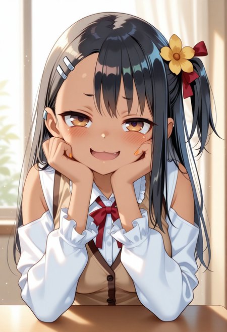 masterpiece, cute, lovely, (best quality:1.3), (amazing quality:1.3) ,very aesthetic, 1girl, solo, blush, (medium breasts:1.2), face satisfied, high gradient eyes, Nagatoro_Hayase_Style, black_hair, brown_eyes, bangs, long_hair, hairclip, hair_ornament, straight_hair, very cute, light particles, cute details, cute colors, naughty face, smug, BREAK, blush, brown vest, clothing cutout, flower, frilled sleeves, frills, hair ornament, hair ribbon, hand on own cheek, hand on own face, head rest, looking at viewer, neck ribbon, one side up, open mouth, red ribbon, ribbon, shirt, shoulder cutout, sunlight, upper body, vest, white shirt, yellow flower, bow, hair flower, jacket, smile, collared shirt, long sleeves, red bow, white jacket,:d, orange nails, frilled collar, eighth rest, hand on own chin