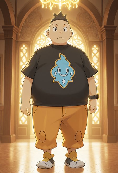 radiant reflections, rich color tones, deep contrast, intricate textures, luminous lighting, cinematic ambiance, shimmering gradients, best quality, colorful, masterpiece, detailed_background, <lora:tierno-v1:1> p-benigno, 1boy, chubby, black t-shirt, print t-shirt, watch, orange sweatpants, shoes, standing, arms at sides, young, (aged_up:0.5),