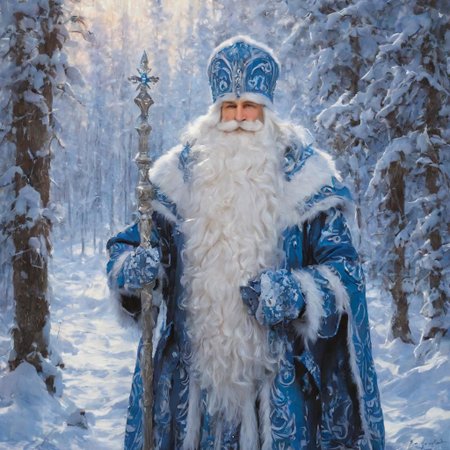 DedMoroz solo,long beard, 1boy,  elderly, looking at viewer, walking through the snowy forest, holds a staf, magic atmosphere,insane detailed, perfectly drawing hands, <lora:DedMoroz:1>