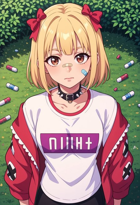 score_9, score_8_up, score_7_up,
masterpiece, best quality, detailed, amazing quality,
detailed background, park,
detailed eyes, clean eyes, 
dynamic pose, from above,
solo, 1girl, brown eyes, blonde hair,
easynegative,
yami_kawaii, dark colors, oversized shirt, patterns, illustration on shirt, choker,
cute, bows, ribbons, spikes, belts,
pills, medicine, bandaids, bandaids on face, dark eyebags,