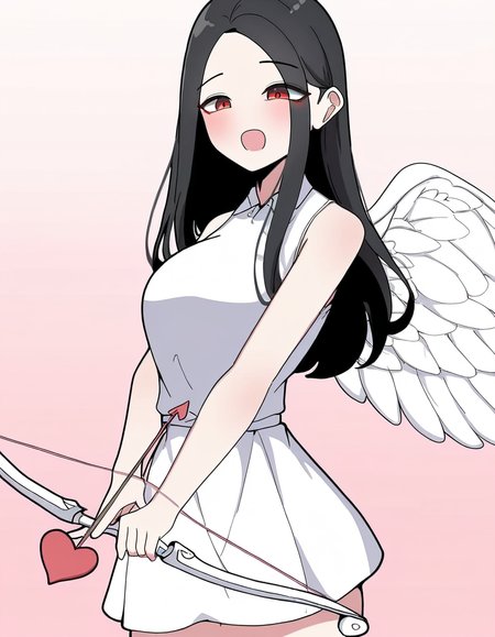 masterpiece, best quality, newest, absurdres, highres, safe,, <lora:yoo-jae-kyung-manhwa-illustriousxl-lora-nochekaiser:1>, yoo jae-kyung, long hair, large breasts, black hair, red eyes, forehead,, <lora:cupid-ponyxl-lora-nochekaiser:1>, cupid, dress, bare shoulders, weapon, heart, wings, bow (weapon), arrow (projectile), angel, smile, open mouth, heart arrow,, , cowboy shot, solo