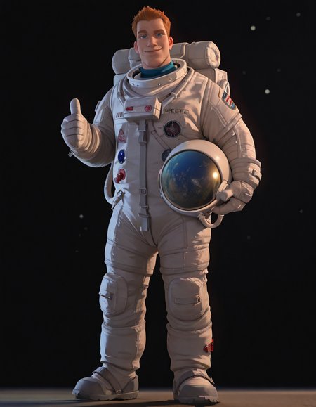 cinematic_depth, 8k, soft_lighting, warm_glow, ultra_high_quality, masterpiece, best quality, newest, perfect quality, best quality, detailed background, intricate details, male focus, solo, realistic, <lora:Planet 51 - Chuck Baker - Illustrious-000006:0.7>  c_baker, 1boy, tall male, red hair, blue eyes, solo, full body, looking at viewer, spacesuit, holding space helmet, thumbs up, contrapposto, simple background, starry background