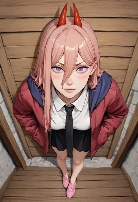 (medieval style, (medieval town, medieval background) score_9, score_8_up, score_7_up, score_6_up, masterpiece, best quality, newest, absurdres, highres, traditional media, 1girl, HANA4, black necktie, necktie, solo, medium hair, purple eyes, pink hair, shirt, jacket, white shirt, skirt, pink footwear, collared shirt, shoes, power \(chainsaw man\), hands in pockets, facing viewer, looking at viewer, leaning forward, close-up, red jacket, close-up,portrait (medieval style)