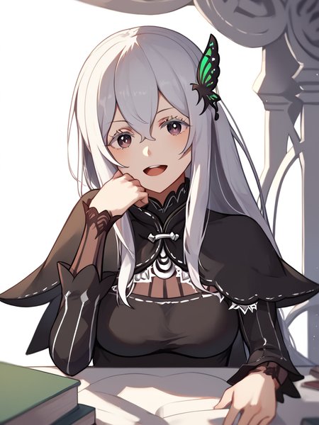 score_9,score_8_up,score_7_up,<lora:echidna_(re_zero):1>,medium_breasts, echidna_\(re:zero\), simple_background, 1girl, looking_at_viewer, solo, black_dress, upper_body, long_sleeves, absurdres, black_capelet, book, highres, white_background, open_mouth, sitting