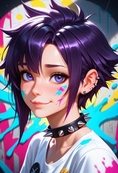 masterpiece, best quality, amazing quality, volumetric lighting, (by_neoartcore:0.1), BREAK, 1girl, 25 years old, 
detailed face, portrait, face focus, depth of field, looking at viewer, blush, shy smile, 
dark purple hair, spiked hair, ear piercing, spiked collar, 
paint splatter on face, 
white t-shirt,
button badge,
paint splatter, brush stroke, inkblot, paint stains, graffiti, colorful,