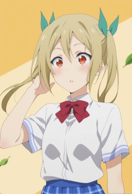 anime screencap, anime coloring, <lora:DX888Akane:1> segawa akane, red eyes, blonde hair, long hair, twintails BREAK hair ribbon, school uniform, white shirt, red bowtie, plaid skirt, blue skirt, thighhighs, BREAK simple background, yellow background,  two-tone background, BREAK     1girl, blush, falling leaves, hand in own hair, leaf, parted lips, solo, upper body, wide-eyed, wind, floating hair,