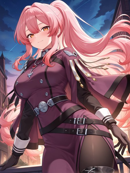 exosister martha, 1girl, solo, smile, looking at viewer, large breasts, outdoors, sky, blush, closed mouth, black pantyhose, sidelocks, cowboy shot, black cross-laced thigh boots, cloud, purple military dress uniform, purple capelet, black gloves, silver necklace,evening, night sky,
masterpiece,best quality,amazing quality,very aesthetic,absurdres,newest,<lora:Exosister Martha illusXL v1:0.7>,