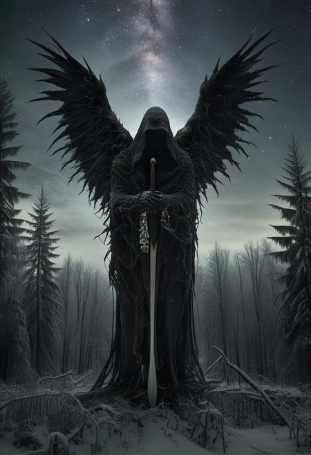 Silent death angel stands facing upcoming dark, sharp lines, extra arms, spreading his wings, detailed armor, extreamly detailed sword, detailed backgrounds, Winter forest, dense forest,starry sky, digital artwork by Beksinski, grainy, masterpiece, extremely detailed, lx, 32k, uhd, dark, low-key, in the style of Kelly Slate, vntblk, dark, digital artwork by Beksinski, ugly, terrible, detailxl, drkms, UHD, 8k, F2.8, RAW Photo, ultra detailed, sharp focus, clear (Style-EMCG:1.5)