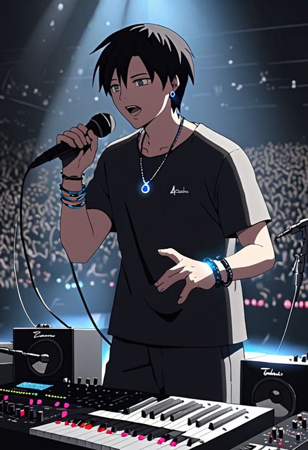 Highres, Masterpiece, High Quality, 4K, 8K, solo, 1Boy, Takaki Toono, adult, black hair, short hair, idol, singing, big stage, spotlight, virtual concert, microphone, cable, musical instrument, speaker, equalizer, synth, enthusiast, necklace, bracelet, ring, watch, anklet, earrings, easynegative, detailed_eye_model