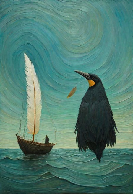 <lyco:ShaunTan:1.0> feather gods, fantasy surrealism, oil painting, impressionism, mix the styles of Van Gogh and Shaun Tan