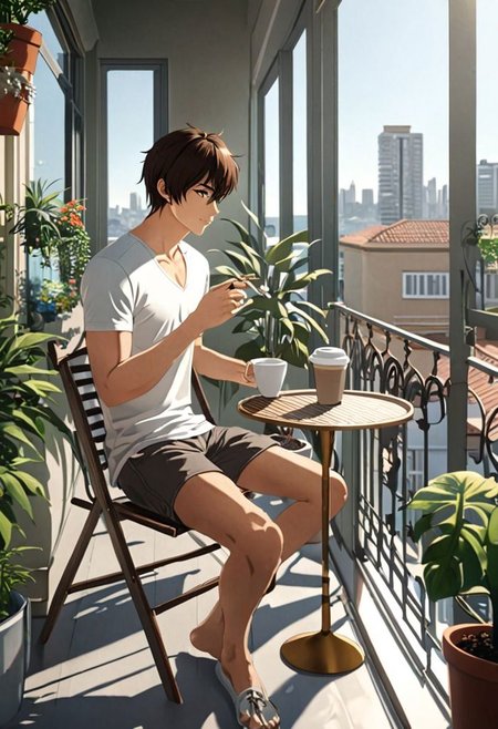 Highres, Masterpiece, High Quality, 4K, 8K, solo, 1Boy, Seiya Kanie, short dark brown hair, golden eyes, home balcony, city view, small table, balcony chair, houseplants, fresh air, morning, breeze, soft sunlight, calm, peaceful, holding a cigarette, cup of coffee, v-neck t-shirt, shorts, relaxing, enjoying moment, ashtray, coffee cup, easynegative, detailed_eye_model