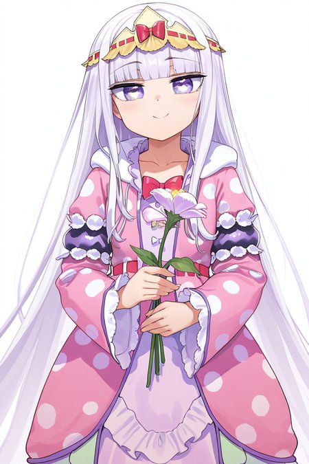 masterpiece, best quality, amazing quality,
 <lora:Syalis_IL:1> syalis, 1girl, long hair, purple eyes, solo, flower, star in eye, white background, symbol in eye, simple background, bangs, smile, looking at viewer, very long hair, polka dot, pink dress, long sleeves, holding, star (symbol), default outfit