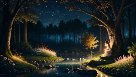 (detailed realistic background:1), (official art, beautiful and aesthetic:1 ), realistic lighting, cinematic lighting, hyperrealism, soothing tones, muted colors, high contrast, soft light, sharp, artistic photoshoot, FeyFa, forest, trees, middle, path, waterfall, through, background, stream, flowers, lights, BREAK  in the foreground sitting a fairy, in back of her fairy house, light, (cute, petite), slender, european, pale cheeks, square face shape with angular jaw, natural makeup, ginger hair, (wavy bob hair:1.1), wearing see-through gossamer fairy short dress, night time, darkness,  <lora:age_slider_v2:-1> <lora:quality1:1> <lora:FeyAndFairies:0.7>
