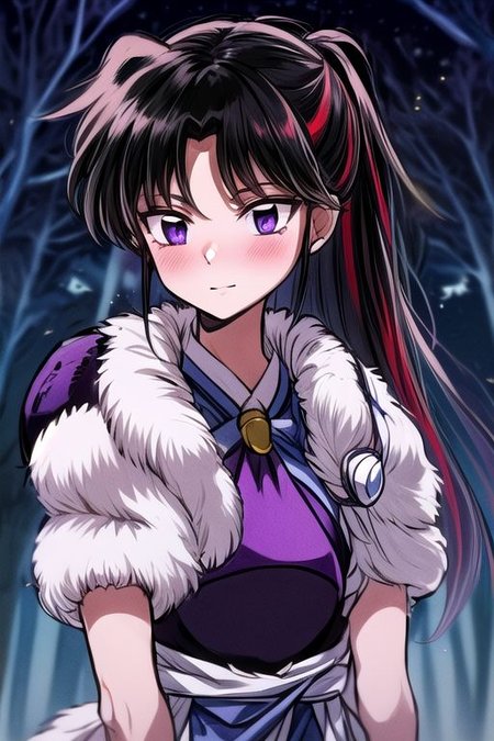 masterpiece,  best quality 1girl Setsun4 solo long hair,  (night time) forest background black hair very long hair purple eyes multicolored hair armor (fur trim) (medium body),<lora:EMS-179-EMS:0.800000>,<lora:EMS-293862-EMS:0.800000> bow, hair_bow, hair_tubes, red_bow, brown_hair, long_hair, bangs, ascot, frilled_bow, yellow_ascot, blush, smile, hair_between_eyes, athletic, armor, miko