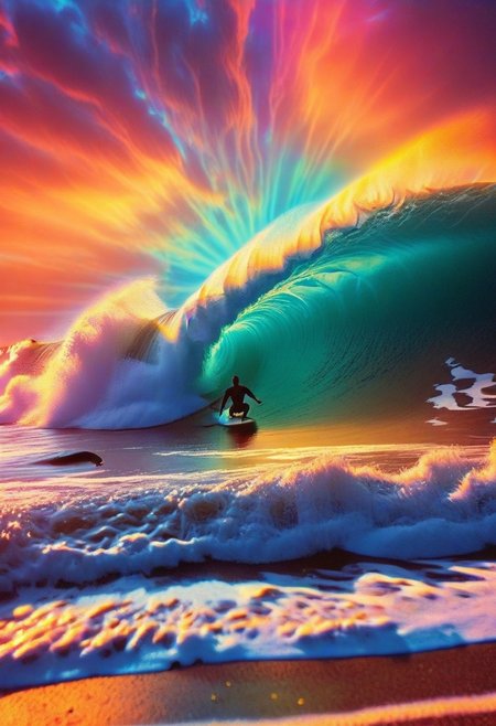 surfing a huge wave, god rays, psych3delic