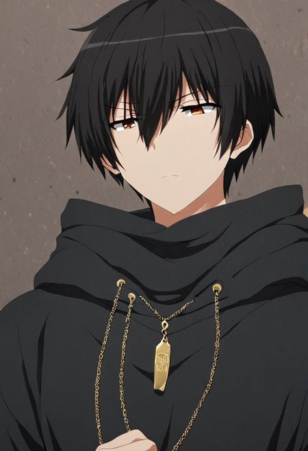 high resolution, solo, best quality, 1Boy, Kanie Seiya, Black Hair, bangs, necklace, choker, hair between eyes, Hoodie, OverallDetail