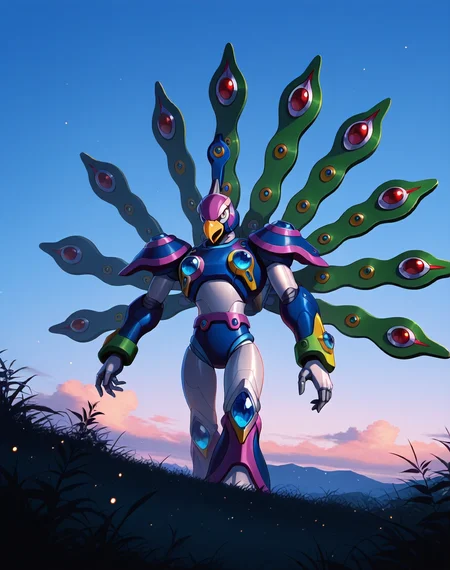 <lora:Cyber_Peacock_(Mega_Man_X)_(Illustrious)_(AD):1> Cyber Peacock, reploid, MMX, 
exterior, blue sky with clouds,
male focus, intense shadows, dynamic shadows, intricate details, attention to details, gradient coloring, bright vivid colors, robot, beak, sexy smile, half closed eyes, seductive walk, 
BREAK very awa, masterpiece, best quality, amazing quality, very aesthetic, highres, absurdres, 
EZRealPONYXL, zPDXL, Smooth Quality, lazynsfw,