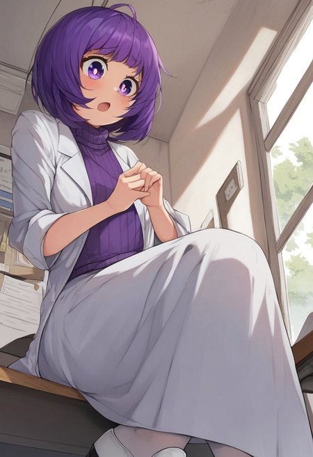 score_9, score_8_up, score_7_up, score_6_up, (1girl ), (solo:1.9 ),
BREAK,
HDA_MasterpieceXL_v.1,perfect hands
BREAK
1girl: kasumi kominami ,<lora:kasumi kominami-v:1>,((small hair)), tiny woman,purple eyes, purple hair,(((( open eyes:1.6, round eyes:1.5,round pupils)))),(small breasts)  
, 
BREAK
 pose sexy,chest up view, doctor's coat,(purple turtleneck sweater),long skirt, sexy nurse, white shoes, white stockings, 
BREAK
nursing, stretcher, desk, window, sky, clouds