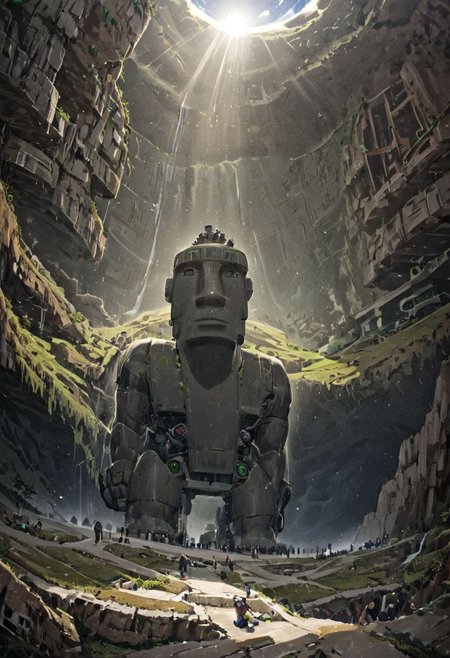 (Moai statue WITH Huge  mecha robots, ON easter island:1.5), 
(Ancient megalithic civilization, Azka Lines, on Easter Island:1.1), (The colonial city of the future, in the mist-filled Grand Canyon, on an unknown Earth-like planet, 2 moon on sky, Spaceship flight connects colonies, waterfulls:1), (Machu Picchu, a mountain settlement, incredibly spectacular:1),  (avant-garde, future, reality, science fiction, photorealistic), White limestone with black granite, fountain, waterfall, landmark, square, path, narrow street, (Large Files, Ultra Realistic, 8K, 16k, FHD, HD, VFX, Perfect, Photography, composition, Architecture Sales Photography, Architecture Competition, Ultra High Resolution, Cinematography, High Resolution Image:1), (dramatic lighting, direct sunlight, ray tracing, clear shadow:1), (real landscape:1), (blurred background:1.0), (urban background, more_details) ,
extremely detailed, industrialbuilding, drdnght machine, spstation, mayamaze, caveruinsAerial