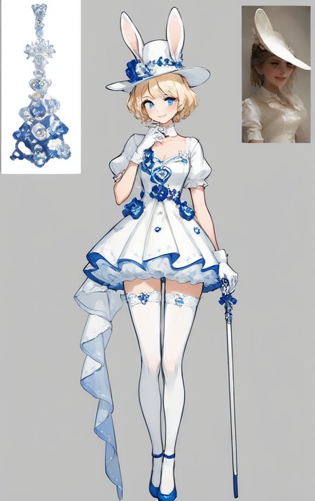 score_9, score_8_up, score_7_up, score_6_up, score_5_up, score_4_up,
 <lora:OverDesignedGirls:.7>
1girl, blonde hair, blue eyes, blue flower, blue footwear, cane, dress, full body, gloves, hat, looking at viewer, official alternate costume, rabbit ears, reference inset, short hair, short sleeves, smile, standing, thighhighs, white dress, white gloves, white legwear