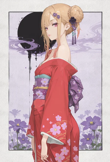 masterpiece,best quality,Subtle Elegance,FluidLines,ElegantBrushwork,Impressionism,Masterpiece,Calm Design,concept art,lightly painted,gentle brush strokes,light and airy,
1girl, solo,
kitagawa marin, 
red kimono, japanese clothes, violet floral print, wide sleeves, off shoulder, hair ornament, double bun, closed mouth, violet sash, obi, lips, violet eyeshadow,
looking at viewer, expressionless, 
cowboy shot, from side, 
violet flowers, black sun, outside border,
h4ra_illu, r17329_illu,
<lora:NOOB_vp1_detailer_by_volnovik_v1:0.3>  <lora:ponyv6_noobV1_2_adamW:0.3>  <lora:illustriousXL_stabilizer_v1.23:0.4>  <lora:LightColor1llust:0.8>  <lora:hara_id_21:0.8>  <lora:r17329_illu:0.5>