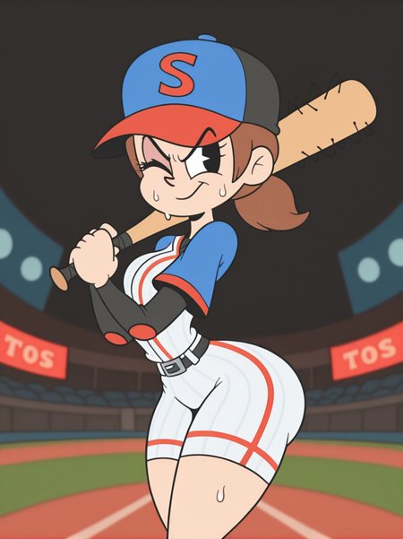 RetroXL, toon \(style\), flat color, black eyes,
girl holding a baseball bat, stadium, sweat, cap, baseball uniform, medium breasts, narrow waist, wide hips, thick thighs, looking at viewer, cowboy shot, dynamic pose, cute, wide shot, solo, sexually suggestive, light smile, one eye closed, angry, from side,
<lora:RetroToonXL_Style-10-IL:1>