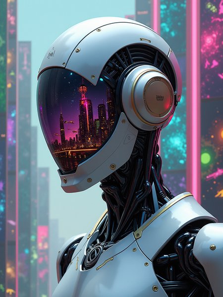 The painting is created in a highly detailed sci-fi fantasy style.  The brushstrokes are smooth and precise, bringing out the sleekness and complexity of the robot.  The colors are vivid and rich, with a blend of metallic hues and neon accents.  The texture is a combination of smooth surfaces and intricate patterns.
Scene Description: In the center of the painting stands a majestic robot, its body a combination of gleaming metal and advanced technology.  The robot's upper body is in a half-portrait view, facing directly forward.  Its face is a transparent reflective visor that shows a complex and magnificent future city.  The city is filled with towering skyscrapers, flying vehicles, and colorful lights.  The robot's body is adorned with intricate designs and symbols, hinting at its advanced capabilities.  The background is a series of strip-like panels that seem like reflective glass, each one showing a different fantastical scene.  Some panels display alien landscapes, others show space battles, and still others show strange technological wonders.
Composition: The robot is centered in the frame, commanding attention.  The reflective visor draws the viewer's eye, leading them to explore the details of the future city within.  The strip-like panels in the background create a sense of depth and complexity, adding to the overall sci-fi atmosphere.  The composition is balanced and harmonious, with the different elements working together to create a captivating scene.
Color Palette: The colors are a mix of cool blues, purples, and silvers for the robot's body, with accents of neon pink, green, and orange for the future city and background panels.  The reflective visor has a rainbow of colors, reflecting the vividness of the scenes it shows.
Light and Shadow: Soft, diffused light bathes the robot and the background, creating a gentle glow.  Shadows are subtle, adding depth without overpowering the colors.  The reflective surfaces of the robot and the panels catch the light, creating a play of light and shadow that enhances the three-dimensional effect.
Detail: Every aspect of the painting is filled with intricate details.  The robot's body is covered in fine lines and patterns, with every bolt and panel clearly defined.  The reflective visor shows a detailed cityscape with tiny buildings, vehicles, and people.  The background panels are filled with complex scenes, each one with its own unique elements and colors.