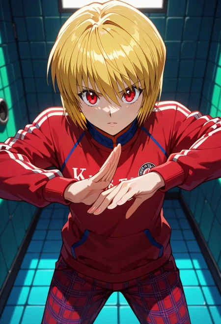 masterpiece, best quality, , , looking at viewer, depth of field, 1boy, solo, male focus, <lora:kurapika_hxh_ilxl:1>, kurapika_hxh, blonde hair, red eyes, short hair, bangs, hair between eyes, , digital sanctuary, data streams, firewall gates, code paths, interface pose, focused expression, grid lighting, Plaid golf pants, Damask Champagne Tulle Varsity sweatshirt, , , Cravat