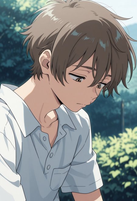masterpiece,best quality,amazing quality, source_anime, 
shunhashimoto, 1boy, male focus, solo, brown eyes, brown hair, shirt, white shirt, collared shirt, short sleeves, outdoor, portrait, looking down,