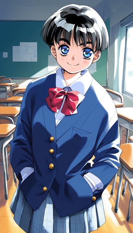 score_9, score_8_up, score_7_up, source_anime, rating_explicit, BREAK <lora:Shinohara_Izumi_XL:1>Shinohara_Izumi, black hair, blue eyes, short hair, bangs, small breasts, 
1girl, solo, hands in pockets, plaid, indoors, smile, looking at viewer, red bow, school uniform, chair, long sleeves, bag, skirt, plaid skirt, vest