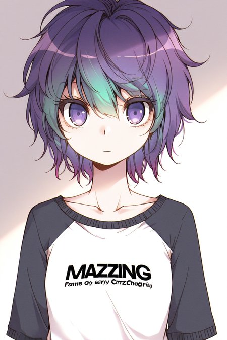 masterpiece, best quality, amazing quality,
 <lora:CrzNghbr_IL:1> crznghbr, solo, raglan sleeves, 1girl, purple eyes, short hair, upper body, shirt, looking at viewer, purple hair, multicolored hair, closed mouth, collarbone, clothes writing, expressionless