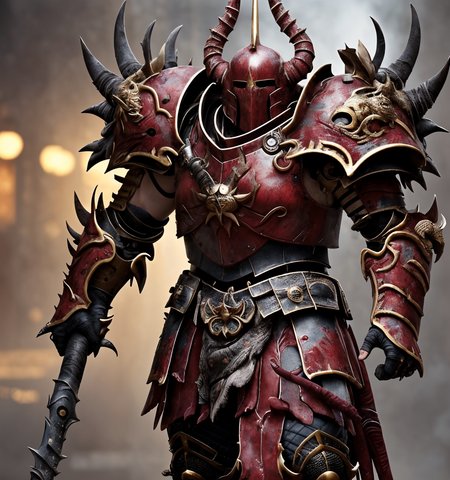 RAW photo, (masterpiece:1.3), subsurface scattering, heavy shadow, (high quality:1.4), (intricate, high detail:1.2), professional photography, HDR, High Dynamic Range, realistic, ultra realistic, photorealistic, high resolution, film photography, ambient lighting, atmospheric effects, <lora:detail_slider_v4:2>, OverallDetail, a chaos warrior of Khorne, wearing  heavy red plate armor, SerCa, <lora:ServantsOfChaos-10:0.8>, epiCPhoto