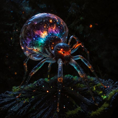 macro, fill the frame, from the side, photorealism, extremely detailed, best quality,
A neon glass crystal spider, hairless, 8legs, glowing internally with a multicolored florescent galaxy of stars, swirls of light shine within, large bulbous abdomen, abdomen focus,
on a mossy log, dark background,
zavy-flrscnc,