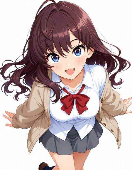 masterpiece,best quality,absurdres,official art,official style,source_anime,anime screencap,anime coloring,
<lora:Hyper-SDXL-8steps-lora:1>,
<lora:Shiki_IL:0.8>,shikichang,1girl,solo,long hair,brown hair,wavy hair,ahoge,bangs,blue eyes,big eyes,medium breasts,
red bowtie,open cardigan,open clothes,brown cardigan,grey skirt,white collared shirt,dark blue socks,brown loafers, 
smile,:3,open mouth,(untucked shirt:1.2),white background,