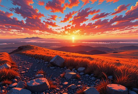 In the predawn hours, a vibrant sunrise illuminates the vast, sprawling prairie, casting a golden glow that dances across the landscape. the scene unfolds with a dramatic interplay of light and shadow. The horizon is a blazing tapestry of fiery reds, oranges, and yellows, set against the deep, cool tones of the night sky, which remains a haunting expanse of black and blue. The mist rising from the prairie adds an ethereal, almost magical quality to the scene, creating a delicate veil that softens the contours of the land. The focal shadow, cast by the plateau, cuts a sharp, diagonal line across the composition, enhancing the sense of depth and mystery. The gravel and scattered rocks, partially covered by tufts of golden grass, form a textured foreground, adding a sense of rough, natural beauty to the otherwise serene landscape. subtle luminous energy effects pepper the scene, casting dynamic highlights that interact with the mist and the shadows. The gravel, with its polished, smooth texture, glistens under the ethereal glow as it (curves away) into the lower left third of the scene, while the grass sways gently in the early morning breeze, creating a sense of movement and vitality. The high-contrast color palette, with its bold and vibrant hues, brings the scene to life, creating a powerful and otherworldly atmosphere. Every element, from the fiery sunrise to the dark, shadow-drenched areas, is meticulously detailed, with fine gradients and intricate textures that enhance the overall intensity and dynamic range. The result is a captivating and energetic landscape that feels both familiar and profoundly mystical, a testament to the beauty and power of nature., ultra-detailed, hyper-detailed, ambient lighting, volumetric lighting, (masterpiece), (Amazing quality), (phenomenal aesthetic), cinematic moment, 8K<lora:FLUX_Ghibsky_Illustrations.safetensors:0.8:1.0>