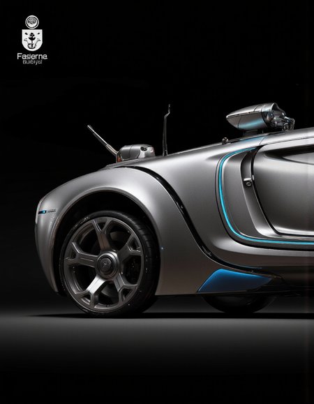 Art by Andrian Luchian. A futuristic, sleek car with a futuristic design, featuring a sleek, metallic body with a blue stripe running along the side. The car has a large, angular wheel in the front and a small, robotic arm mounted on top, giving it a futuristic and advanced look. the car is positioned in the center of the image, with a black background that highlights the sleek design of the car, and the company's logo is prominently displayed on the top left corner. the overall aesthetic is minimalistic and modern, showcasing the car's sleek and futuristic design.