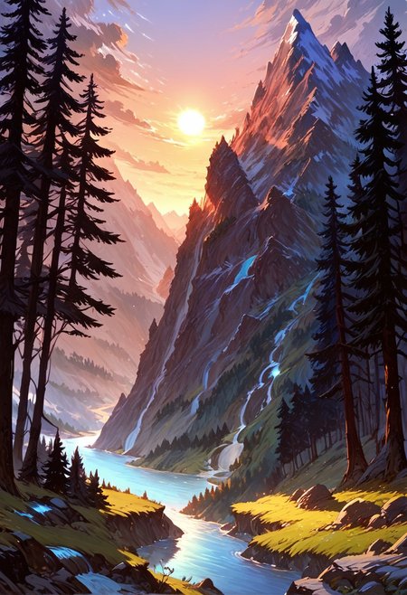 score_9, score_8_up, score_7_up, masterpiece, landscape, trees, sun, forest, mountains, river, epiCPhoto