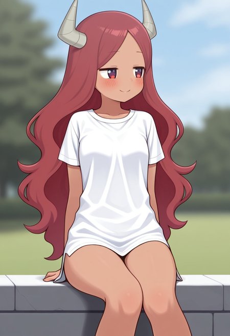 masterpiece, best quality, 32k, high resolution, absurdres, maou, bare legs, outdoors, smile, blurry background, blush, small breasts, day, looking to the side, shirt, sky