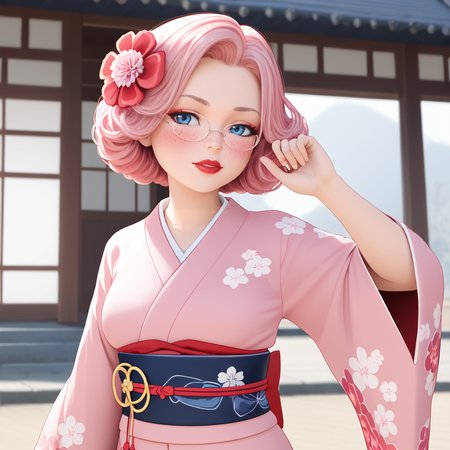 <lora:MrClaus_pony_v1:1>  MrsClaus, 1girl,  glasses, round eyewear,  solo, blue eyes, red lips, lipstick, makeup, pink hair,  short hair,  freckles, cowboy shot,, japanese clothes, kimono, hair ornament, blush, hair flower, pink kimono, sash, obi, floral print, wide sleeves