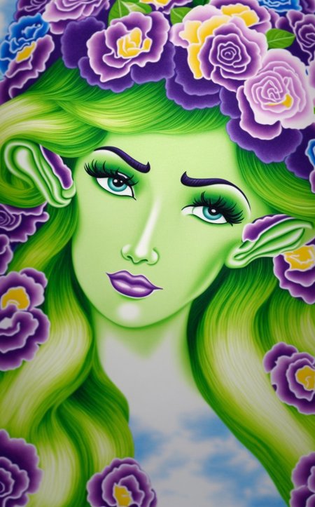 lisafrankstyle, ultra detailed, masterpiece, intricate, pencil drawing, pastel, gobgirlz, green skin, short, shortstack, adult, goblin, flower crown, plump, huge breasts, voluptuous, cleavage, ponytail, purple eyes, lying, blush, swamp, wet, forest, mushrooms, nude, detailed background, looking at viewer, limited palette green and purple, <lora:shortstack:0.7> ,<lora:gobgirlzLora_gobgirlzv11200:0.5>,